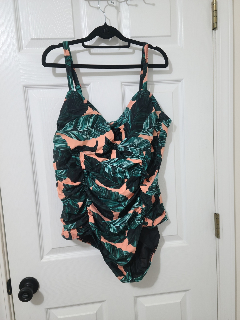 Tropical Leaf Ruched One-Piece Swimsuit - Green & Peach